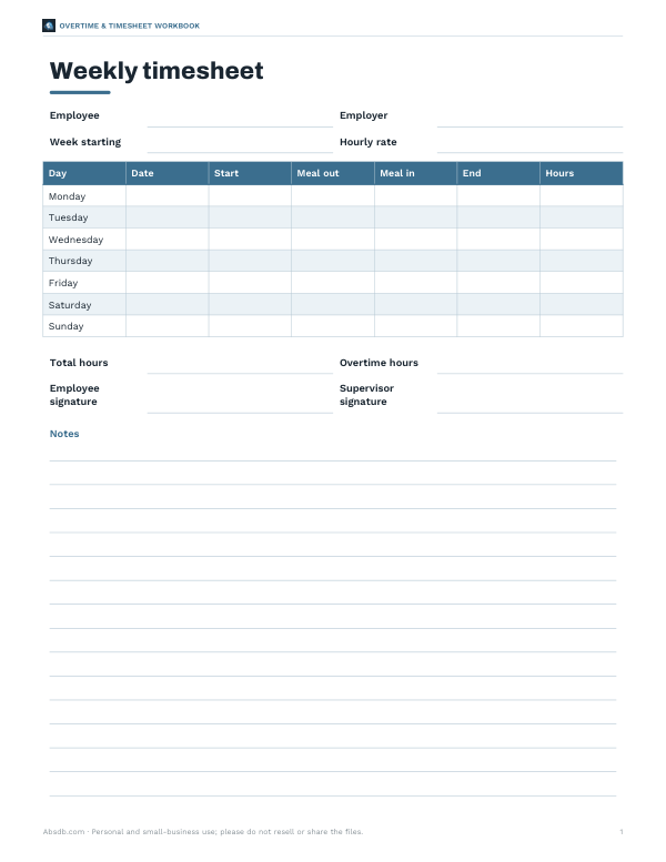 Preview of Printable Weekly Overtime Timesheet
