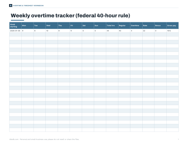 Preview of Printable Weekly Overtime Calculator